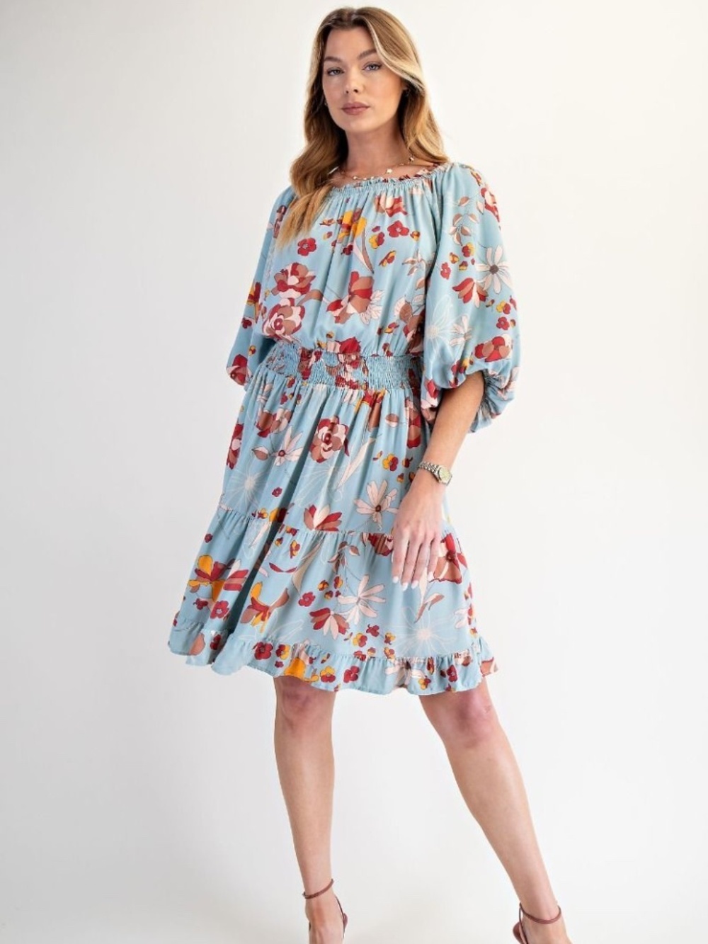Easel Floral Off Shoulder Dress NWT Smocked Waist Blue Midi Dress